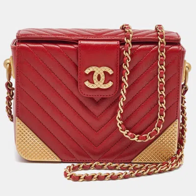 Pre-owned Chanel Red Chevron Leather Rock The Corner Minaudiere Bag