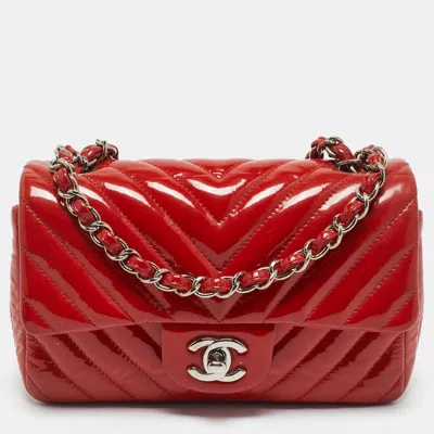 Pre-owned Chanel Red Chevron Patent Leather New Mini Classic Flap Bag