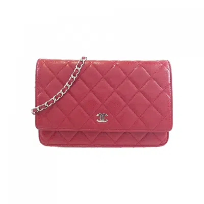 Pre-owned Chanel Red Color Grained Calfskin Chain/shoulder Wallet ()