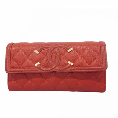 Pre-owned Chanel Red Color Grained Calfskin Long Wallet (bi-fold) ()