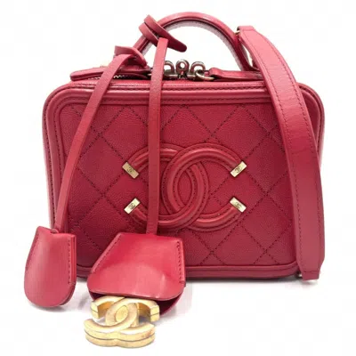 Pre-owned Chanel Red Color Grained Calfskin Pochette Shoulder Bag Vanity Bag ()