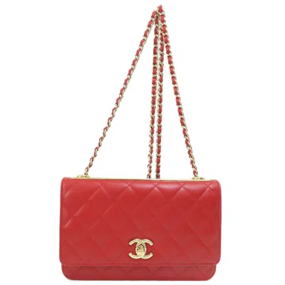 Pre-owned Chanel Red Color Leather Chain/shoulder Wallet ()