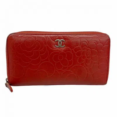 Pre-owned Chanel Red Color Leather Long Wallet (bi-fold) ()