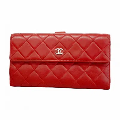 Pre-owned Chanel Red Color Leather Long Wallet (bi-fold) ()