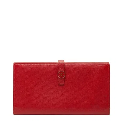 Pre-owned Chanel Red Color Leather Long Wallet (bi-fold) ()