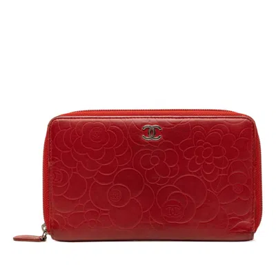 Pre-owned Chanel Red Color Leather Long Wallet (bi-fold) ()