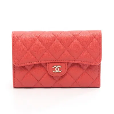 Pre-owned Chanel Red Color Leather Long Wallet (tri-fold) ()