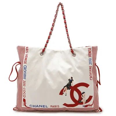 Pre-owned Chanel Red Color White Canvas Shoulder Bag Tote Bag ()