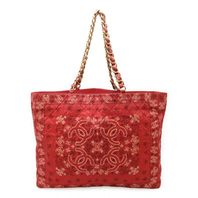 Pre-owned Chanel Red Color White Cotton Shoulder Bag Tote Bag ()