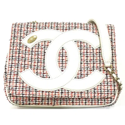 Pre-owned Chanel Red Color White Tweed Leather Pochette Shoulder Bag () In Red Color, White
