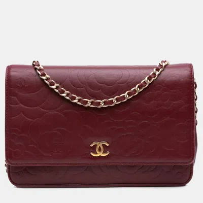 Pre-owned Chanel Red Embossed Lambskin Camellia Wallet On Chain