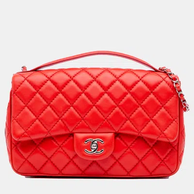 Pre-owned Chanel Red Jumbo Lambskin Easy Carry Flap Satchel