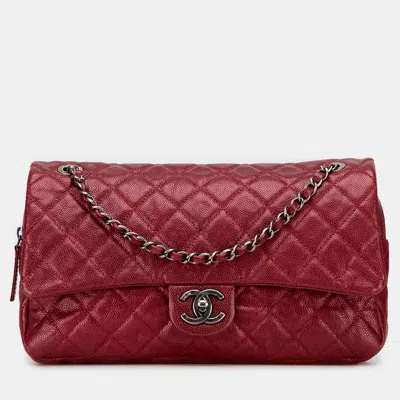 Pre-owned Chanel Red Jumbo Quilted Iridescent Caviar Easy Flap
