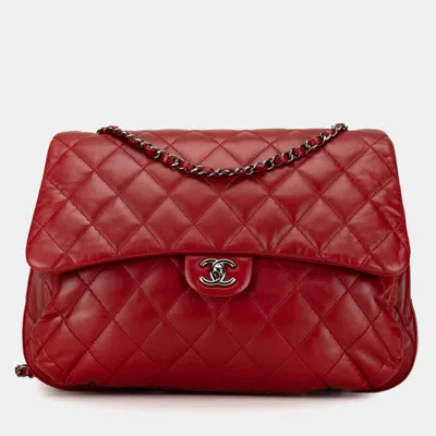 Pre-owned Chanel Red Lambskin 3 Accordion Maxi Flap Bag