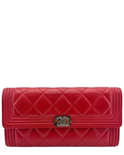 Pre-owned Chanel Red Lambskin Boy Flap Long Wallet (authentic Pre-loved)