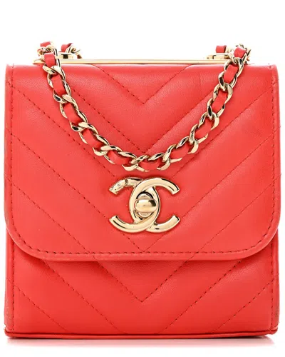 Pre-owned Chanel Red Lambskin Chevron Quilted Leather Mini Trendy Cc Chain Wallet  (authentic Pre-loved)