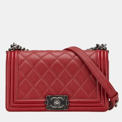 Pre-owned Chanel Red Lambskin Coco Mark Boy 25 Chain Shoulder Bag