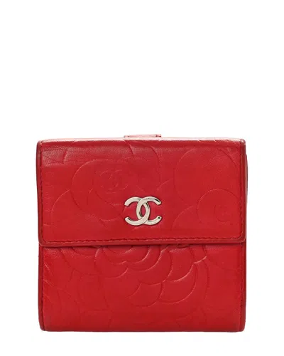 Pre-owned Chanel Red Lambskin Leather Camellia Embossed Compact French Flap Wallet  (authentic Pre-loved)
