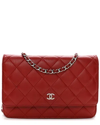 Pre-owned Chanel Red Lambskin Leather Quilted Wallet On Chain (authentic )