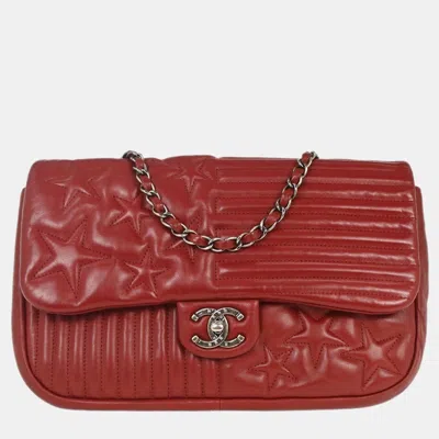 Pre-owned Chanel Red Lambskin Paris Dallas Stars And Stripes Flap Bag Shoulder Bag