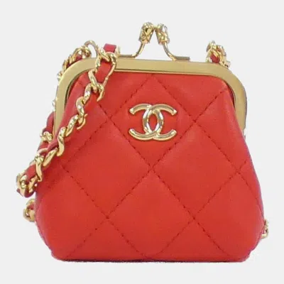 Pre-owned Chanel Red Lambskin Quilted Mini Kiss Lock Clutch With Chain