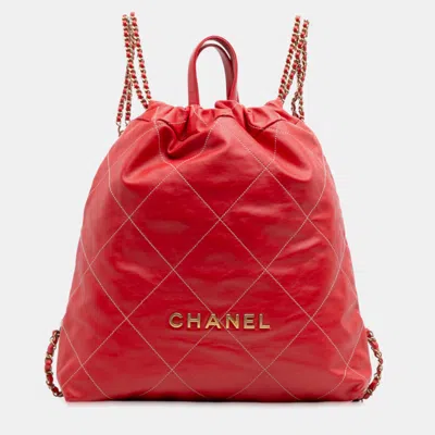 Pre-owned Chanel Red Large Quilted Shiny Calfskin 22 Backpack