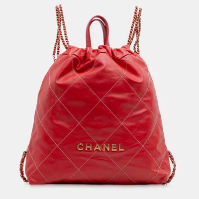 Pre-owned Chanel Red Large Shiny Quilted Calfskin 22 Backpack
