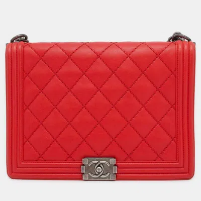 Pre-owned Chanel Red Leather Boy Large Shoulder Bag