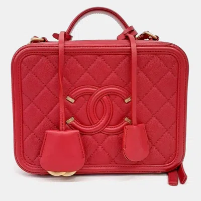 Pre-owned Chanel Red Leather Caviar Cosmetic Tote And Shoulder Bag