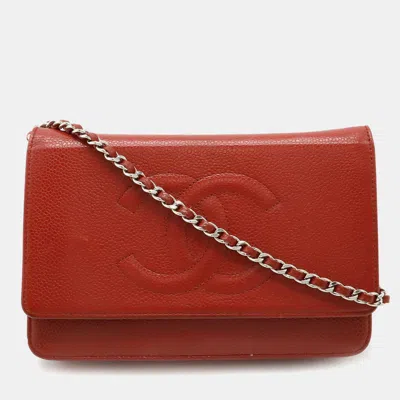 Pre-owned Chanel Leather Red Coco Mark Caviar Skin Chain Wallet Shoulder Bag