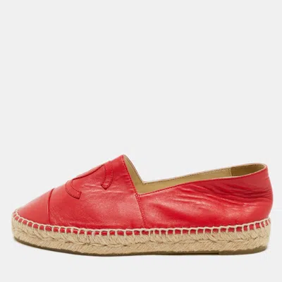Pre-owned Chanel Red Leather Cc Logo Espadrilles Size 37