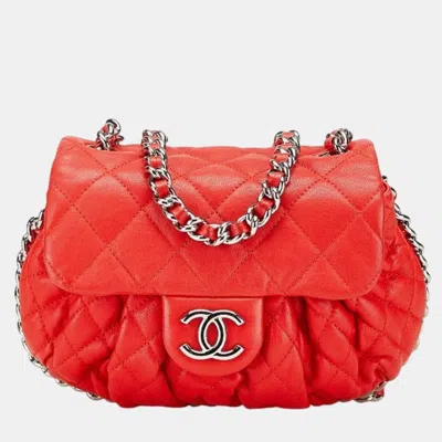 Pre-owned Chanel Red Leather Matelassé Coco Mark Chain Shoulder Bag With Silver Hardware