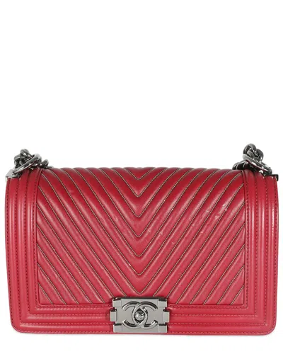 Pre-owned Chanel Red Leather Chain Medium Boy Bag (authentic Pre-loved)