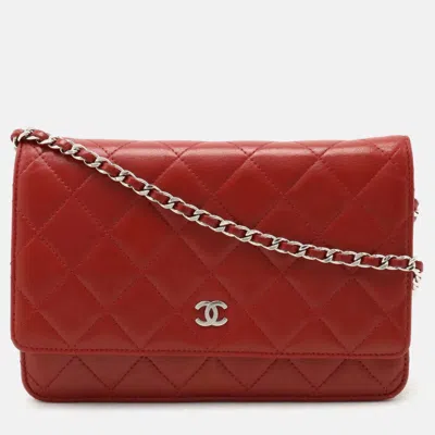 Pre-owned Chanel Red Leather Classic Wallet On Chain