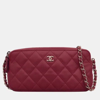 Pre-owned Chanel Red Leather Double Zip Cc Clutch On Chain