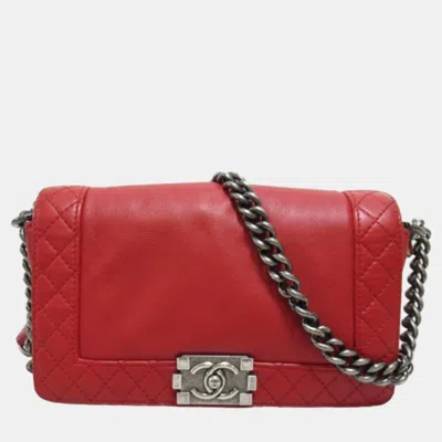 Pre-owned Chanel Red Leather Medium Boy Reverso Flap Bag