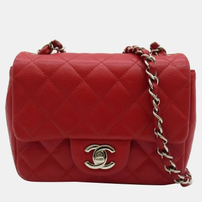 Pre-owned Chanel Red Leather Mini Square Flap Bag