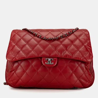 Pre-owned Chanel Red Maxi Lambskin 3 Accordion Flap