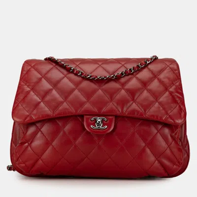 Pre-owned Chanel Red Maxi Lambskin 3 Accordion Flap