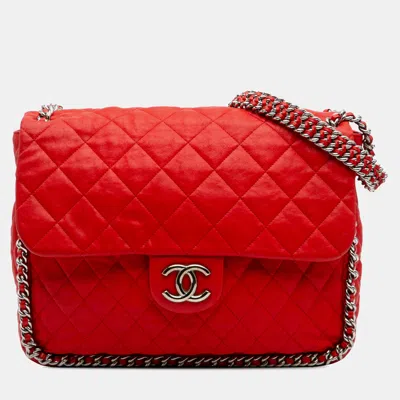 Pre-owned Chanel Red Maxi Washed Lambskin Chain Around Flap