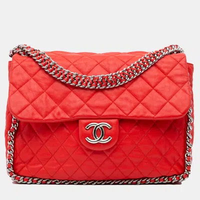 Pre-owned Chanel Red Maxi Washed Lambskin Chain Around Flap Bag