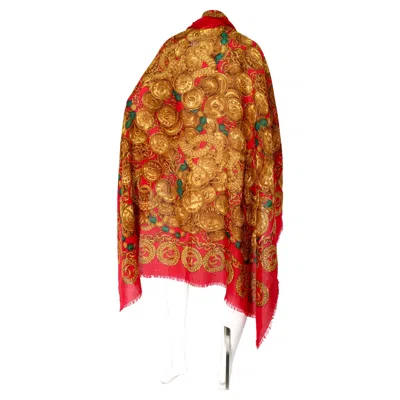 Pre-owned Chanel Red Medallion Logo Print Linen Scarf Circa 1980s
