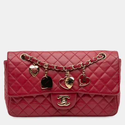 Pre-owned Chanel Red Medium Classic Lambskin Valentines Heart Charms Single Flap