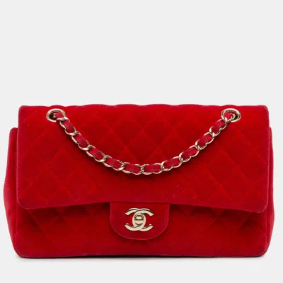 Pre-owned Chanel Red Medium Classic Velvet Double Flap