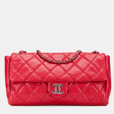 Pre-owned Chanel Red Medium Glazed Caviar Nature Flap