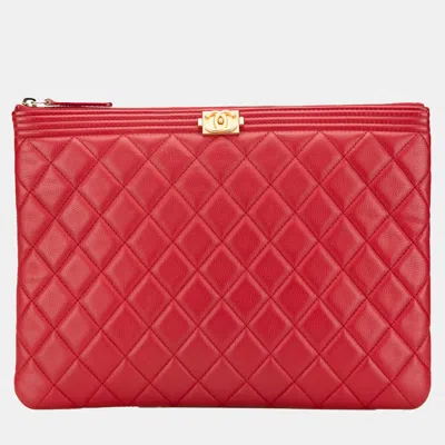 Pre-owned Chanel Red Medium Quilted Caviar Boy O Case Clutch