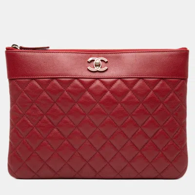 Pre-owned Chanel Red Medium Quilted Sheepskin Mademoiselle O Case Clutch