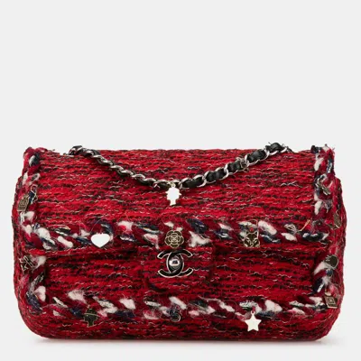 Pre-owned Chanel Red Medium Tweed Braided Charms Double Flap