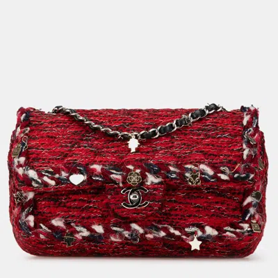 Pre-owned Chanel Red Medium Tweed Braided Charms Double Flap