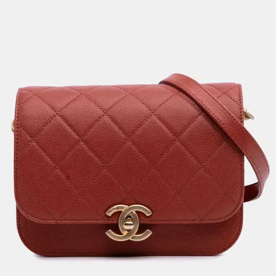 Pre-owned Chanel Red Mini Cc Quilted Caviar Single Flap Messenger